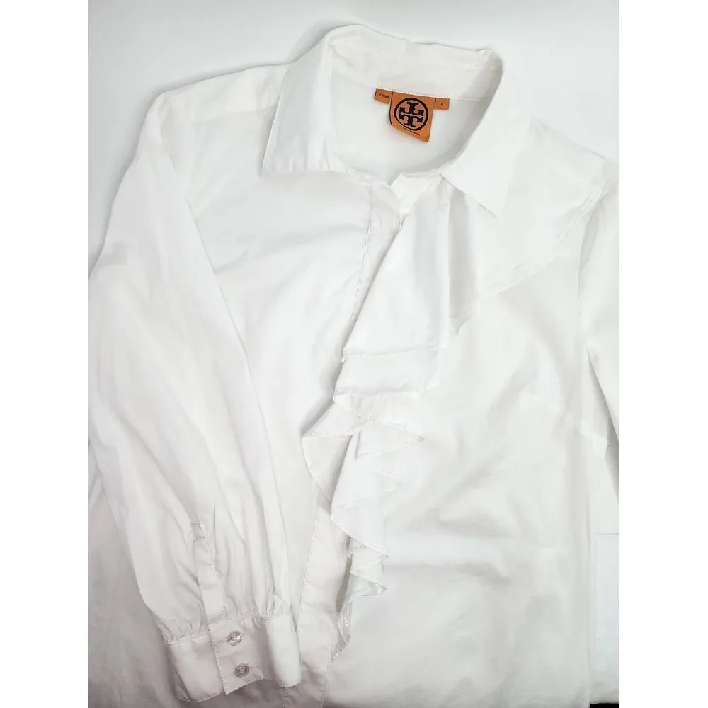 Tory Burch Button‎ Down Blouse Women's 6 Ruffle Office Top White